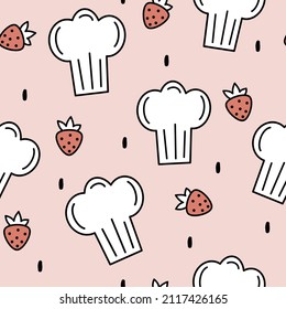 Cute lovely cartoon black and white chef hats with red strawberries seamless vector pattern illustration on pink background	