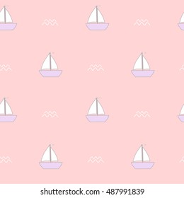 cute lovely cartoon boat on pink background seamless vector pattern illustration