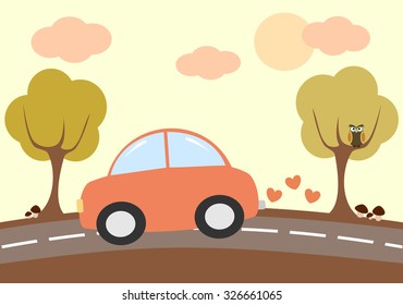 cute lovely cartoon car driving in the country vector illustration