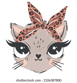 Cute lovely cartoon cat. Little cat girl with cute bow. T-shirt graphics for kids. vector illustration.