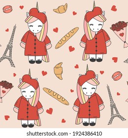 Cute lovely cartoon character cool unicorn in Paris funny seamless vector pattern background illustration
