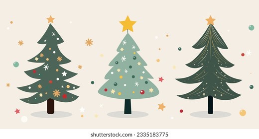 Cute, lovely cartoon Christmas tree with star, snowflake and bauble decoration.