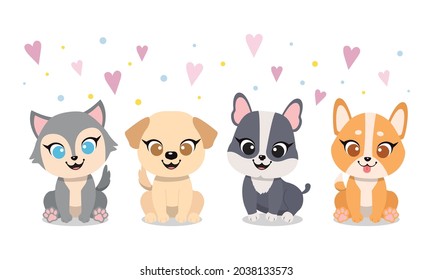 Cute lovely cartoon dogs in flat style