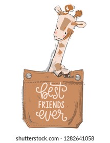 cute lovely cartoon giraffe on pocket. Vector illustration