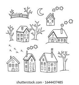  Cute lovely cartoon houses set. Hand drawn outline illustration. Perfect as icons or as a coloring book.