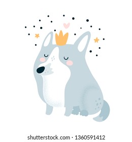 Cute lovely cartoon king dog character in crown and stars. Illustration for kids game, book, t-shirt, card, print, poster and decoration and textile. Vector isolated 
