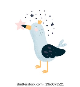 Cute lovely cartoon little bird seagull in crown with stars. Princess bird. Illustration for kids game, book, t-shirt, card, print, poster and decoration and textile. Vector isolated 