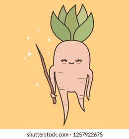 cute lovely cartoon mandrake root with magic wand vector illustration