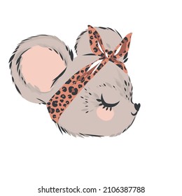 Cute lovely cartoon mouse. Little mouse girl with cute bow. T-shirt graphics for kids. vector illustration.