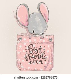 cute lovely cartoon mouse on pocket. Vector illustration