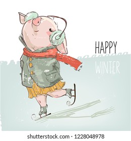 cute lovely cartoon pig skating