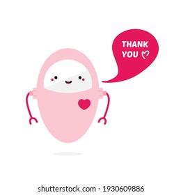 Cute lovely cartoon pink robot with heart symbol character, toy saying thank you, showing appreciation. Vector icon, illustration.
