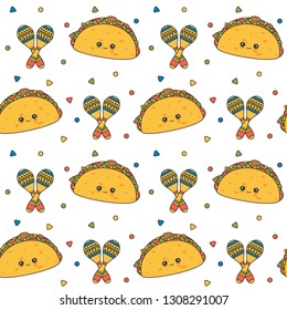 cute lovely cartoon seamless vector pattern background illustration with mexican tacos and maracas