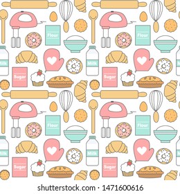 cute lovely cartoon seamless vector pattern background illustration with kitchen tools, donuts, cookies, cakes and baking ingredients