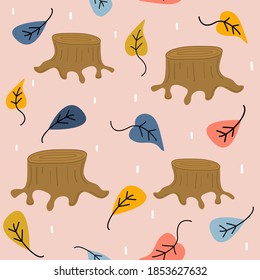 Cuidada caricatura perfecta ilustración de fondo de patrón vectorial sin costura con trozo de árbol y hojas