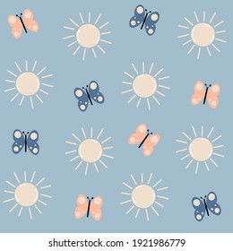 cute lovely cartoon seamless vector pattern background illustration with butterflies and sun