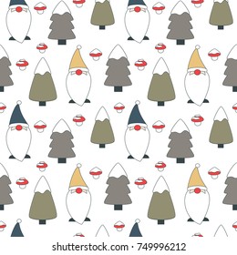cute lovely cartoon seamless vector pattern background illustration with gnomes, trees with snow and mushrooms