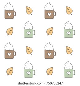 cute lovely cartoon seamless vector pattern background illustration with leaves, cozy cups with heart and whipped cream