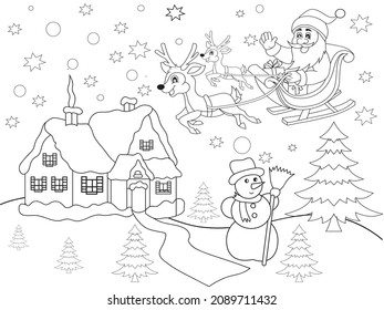 cute and lovely cartoon smiling Santa Claus on a sleigh with gifts and reindeer vector illustration for kids coloring book merry Christmas Coloring page outline and sketch