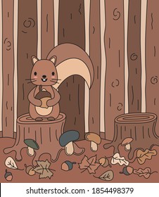 Cute lovely cartoon squirrel in the woods vector funny illustration