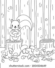 Cute lovely cartoon squirrel in the woods vector funny black and white illustration for coloring art