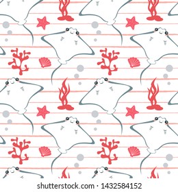 cute lovely cartoon summer marine striped seamless vector pattern background illustration with stingray, seashells, corals and starfishes
