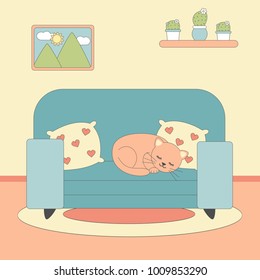 cute lovely cartoon vector illustration with cat lying on blue sofa