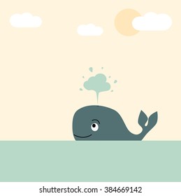cute lovely cartoon whale in the sea vector pastel illustration for greeting card