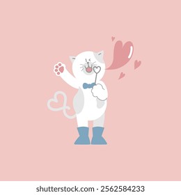 cute and lovely cat blowing heart shape bubble, happy valentines day, birthday, love concept, flat vector illustration cartoon character costume design