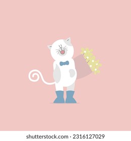 cute and lovely cat and flower, happy valentine's day, birthday, love concept, flat vector illustration cartoon character design isolated