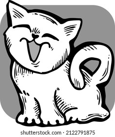 Cute lovely cat with funny face. Fluffy kitten best friend with big eyes. Home pet for baby, kids, boy, girl and family. Hand drown character. Retro vintage cartoon vector illustration drawn by hand.
