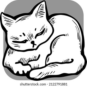 Cute lovely cat with funny face. Fluffy kitten best friend with big eyes. Home pet for baby, kids, boy, girl and family. Hand drown character. Retro vintage cartoon vector illustration drawn by hand.
