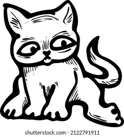 Cute lovely cat with funny face. Fluffy kitten best friend with big eyes. Home pet for baby, kids, boy, girl and family. Hand drown character. Retro vintage cartoon vector illustration drawn by hand.
