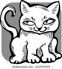 Cute lovely cat with funny face. Fluffy kitten best friend with big eyes. Home pet for baby, kids, boy, girl and family. Hand drown character. Retro vintage cartoon vector illustration drawn by hand.
