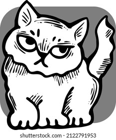 Cute lovely cat with funny face. Fluffy kitten best friend with big eyes. Home pet for baby, kids, boy, girl and family. Hand drown character. Retro vintage cartoon vector illustration drawn by hand.
