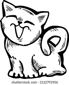 Cute lovely cat with funny face. Fluffy kitten best friend with big eyes. Home pet for baby, kids, boy, girl and family. Hand drown character. Retro vintage cartoon vector illustration drawn by hand.
