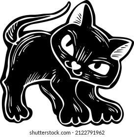 Cute lovely cat with funny face. Fluffy kitten best friend with big eyes. Home pet for baby, kids, boy, girl and family. Hand drown character. Retro vintage cartoon vector illustration drawn by hand.
