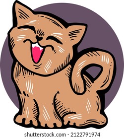 Cute lovely cat with funny face. Fluffy kitten best friend with big eyes. Home pet for baby, kids, boy, girl and family. Hand drown character. Retro vintage cartoon vector illustration drawn by hand.
