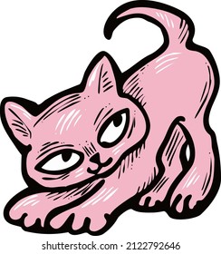Cute lovely cat with funny face. Fluffy kitten best friend with big eyes. Home pet for baby, kids, boy, girl and family. Hand drown character. Retro vintage cartoon vector illustration drawn by hand.
