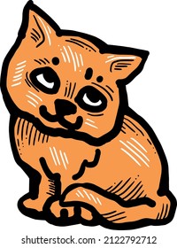 Cute lovely cat with funny face. Fluffy kitten best friend with big eyes. Home pet for baby, kids, boy, girl and family. Hand drown character. Retro vintage cartoon vector illustration drawn by hand.
