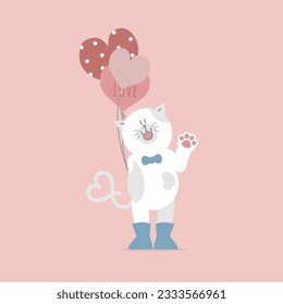 cute and lovely cat and heart balloons, happy valentine's day, birthday, love concept, flat vector illustration cartoon character design isolated