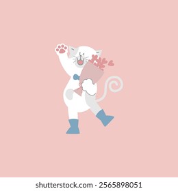 cute and lovely cat with heart bouquet, happy valentine's day, love concept, flat vector illustration cartoon character costume design