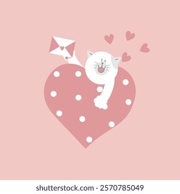 cute and lovely cat with heart and love letter, happy valentine's day, love concept, flat vector illustration cartoon character costume design