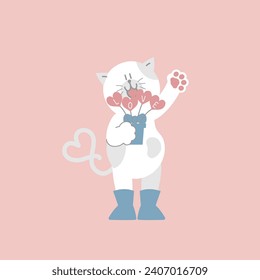 cute and lovely cat holding heart shape plant, happy valentines day, birthday, love concept, flat vector illustration cartoon character costume design