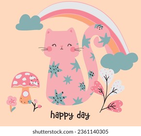 Cute and lovely cat rainbow tree mushroom flower design for kids market as vector