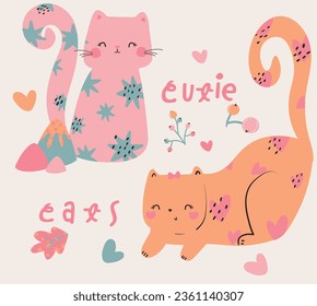 Cute and lovely cat rainbow tree mushroom flower design for kids market as vector