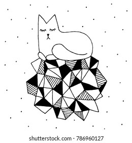 Cute lovely cat sleeping tight on pillow with geometrical pattern, adorable dreaming kitten pet. Hand drawn vector black and white illustrations. Cartoon, doodle.
