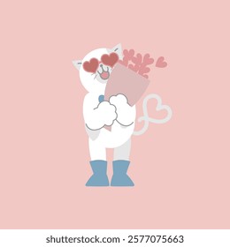 cute and lovely cat wearing heart sunglasses holding heart flower bouquet, happy valentine's day, love concept, flat vector illustration cartoon character costume design