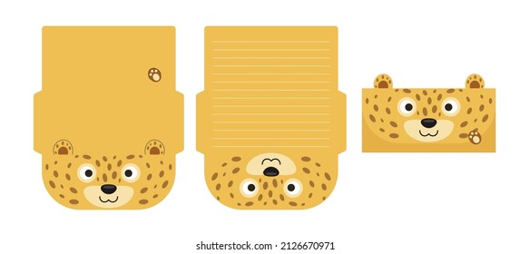 Cute Lovely Cheetah Letter Writing Stationery Paper Laser Cutting Card Template. Animal Design For Greeting, Invitation, Thank You Cards. Vector Stock Illustration.