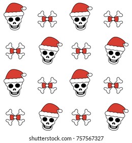 cute lovely christmas seamless vector pattern background illustration with skulls with santa's hat and bones